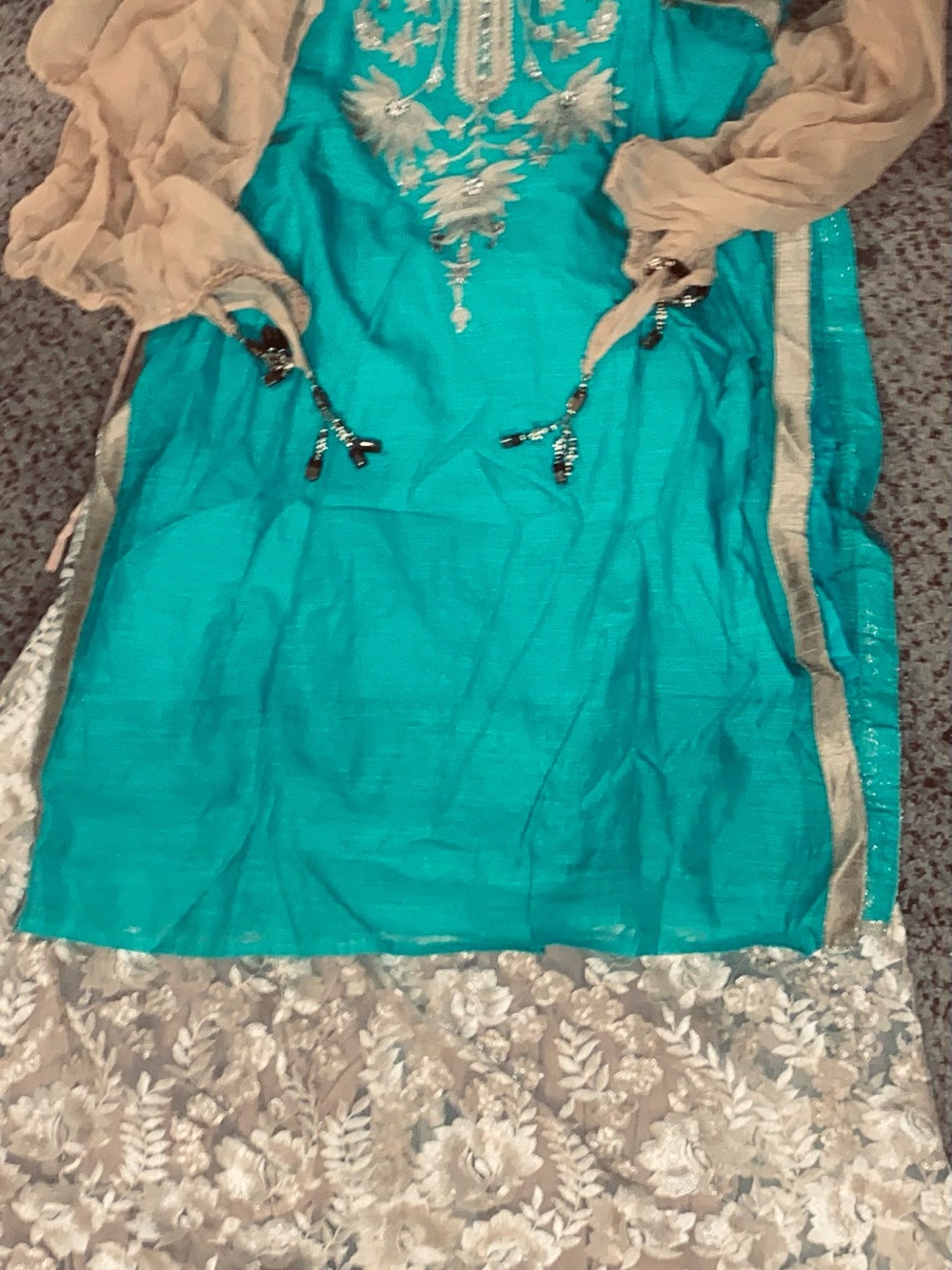 Teal Embroidered Women's Dress with Beige Sleeves